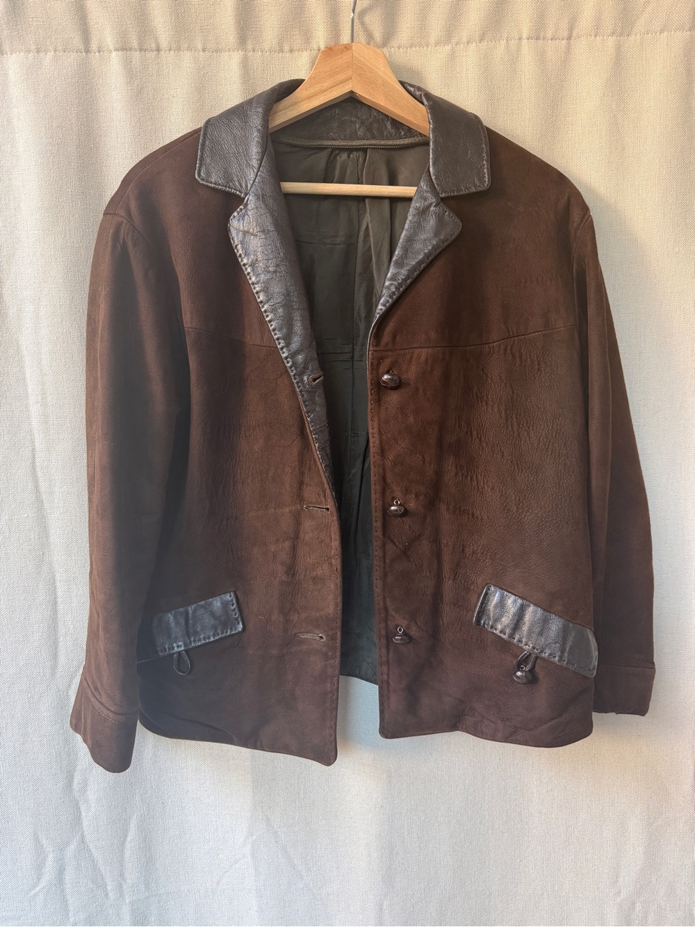 Brown Suede Pea Coat with Dark Trim